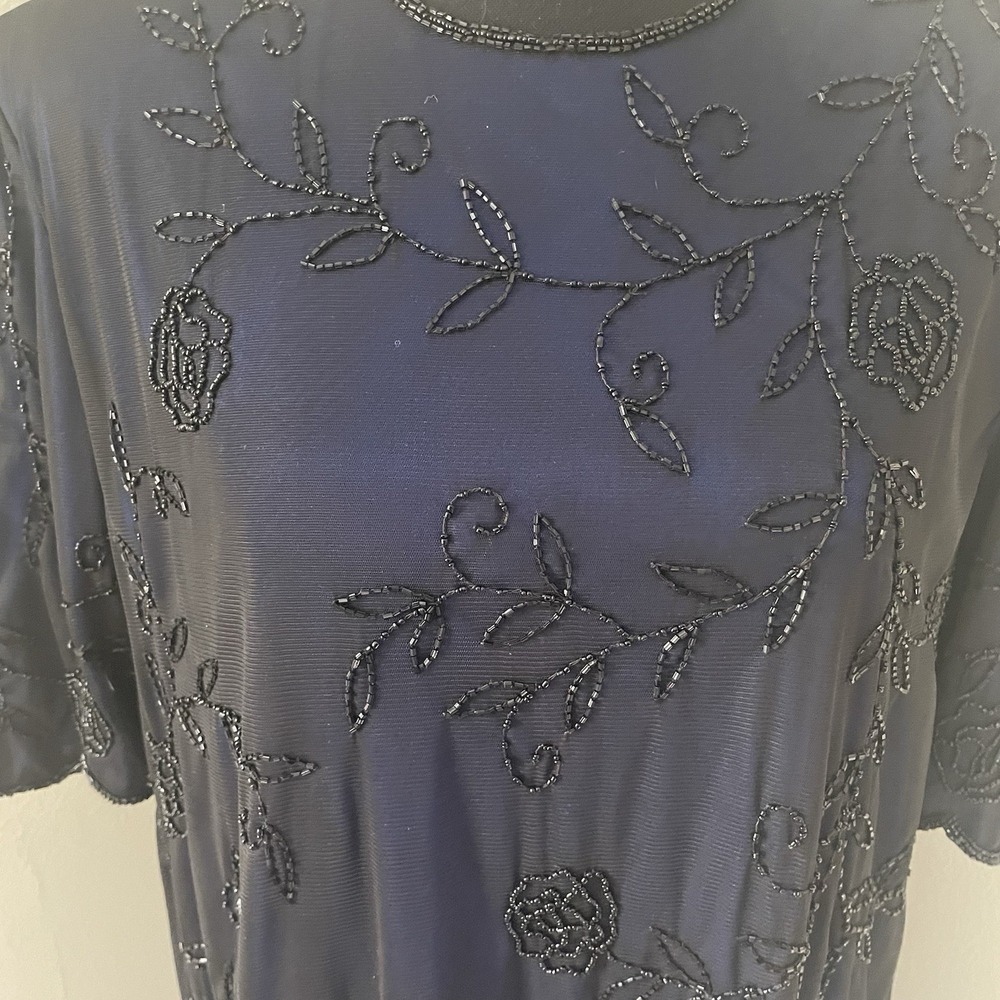 Vintage BRILLIANTE BY J.A. Sz XL Navy Beaded Sequined Dress Layer Illusion Glam - Picture 5 of 11
